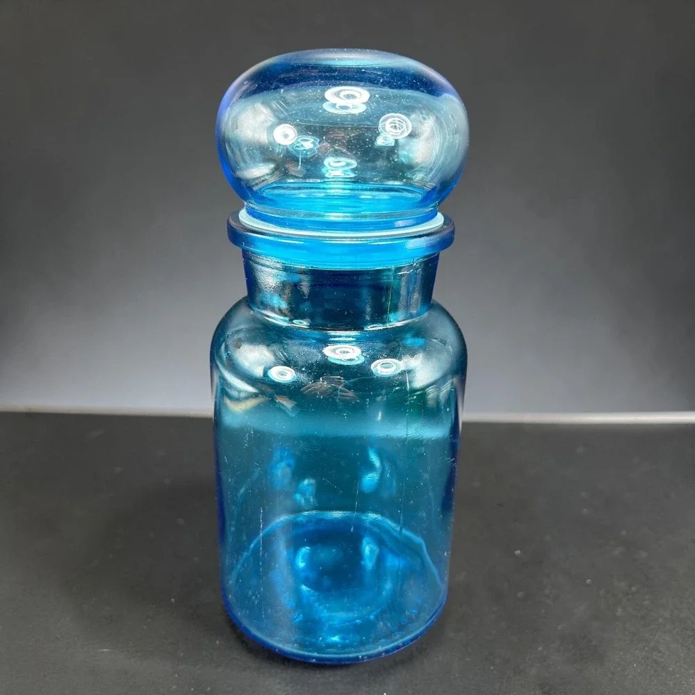 Vintage Blue Glass Apothecary Jar Bubble Lid Made in Belgium‎ Turquoise 8.5